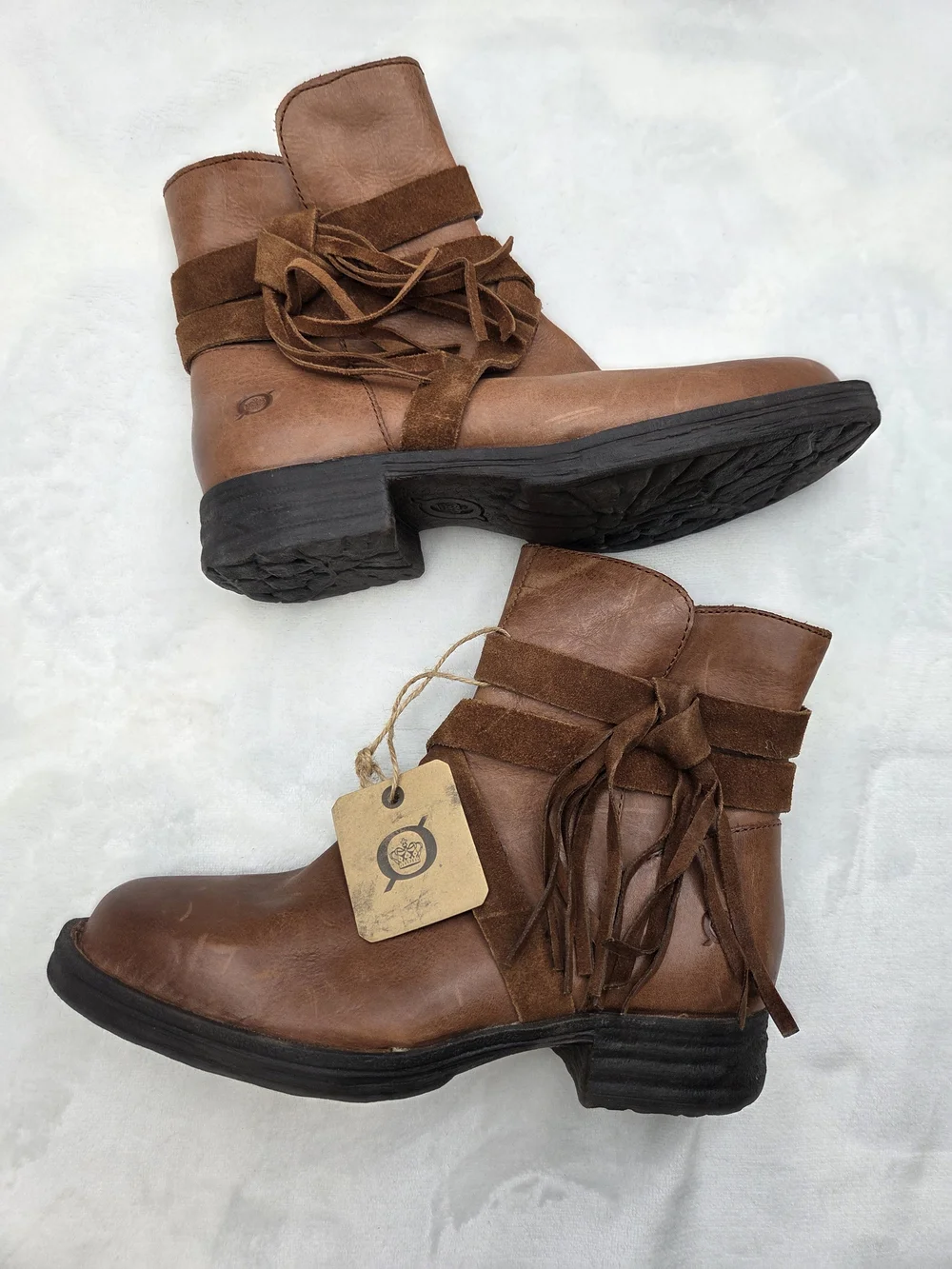 Born Leather Fringe Wrap Ankle Boots Brown‎ Side Zip Booties Women's Size 6.5M